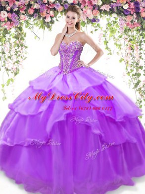Eye-catching Lavender Ball Gowns Beading and Ruffled Layers 15th Birthday Dress Lace Up Organza Sleeveless Floor Length