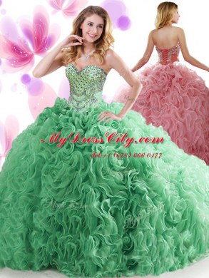 Dramatic Sweetheart Sleeveless Organza and Fabric With Rolling Flowers Quince Ball Gowns Beading and Ruffles Sweep Train Lace Up