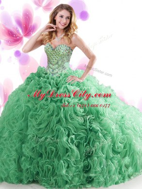 Dramatic Sweetheart Sleeveless Organza and Fabric With Rolling Flowers Quince Ball Gowns Beading and Ruffles Sweep Train Lace Up