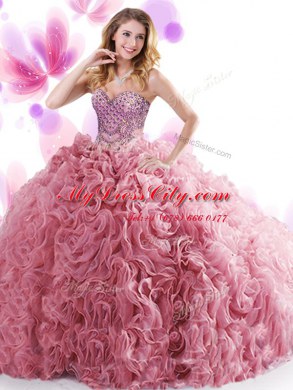 Dramatic Sweetheart Sleeveless Organza and Fabric With Rolling Flowers Quince Ball Gowns Beading and Ruffles Sweep Train Lace Up