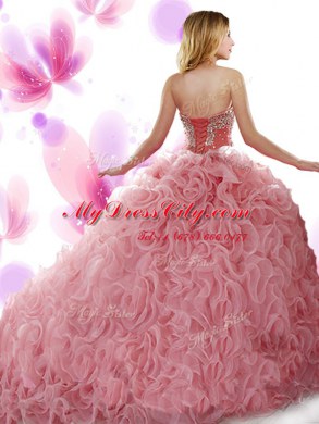 Dramatic Sweetheart Sleeveless Organza and Fabric With Rolling Flowers Quince Ball Gowns Beading and Ruffles Sweep Train Lace Up
