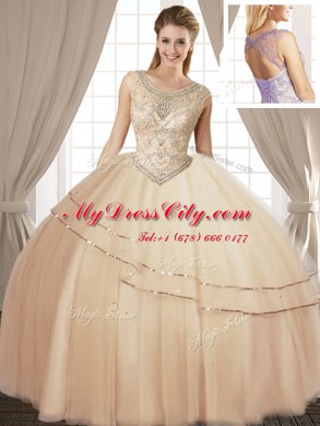 Sexy Scoop Floor Length Lace Up Sweet 16 Quinceanera Dress Champagne for Military Ball and Sweet 16 and Quinceanera with Beading
