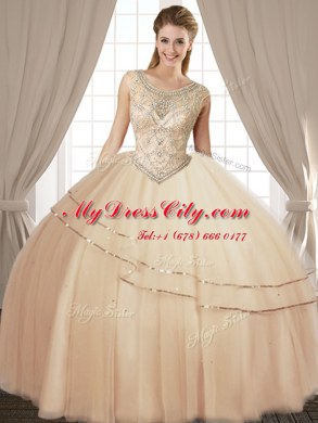 Sexy Scoop Floor Length Lace Up Sweet 16 Quinceanera Dress Champagne for Military Ball and Sweet 16 and Quinceanera with Beading