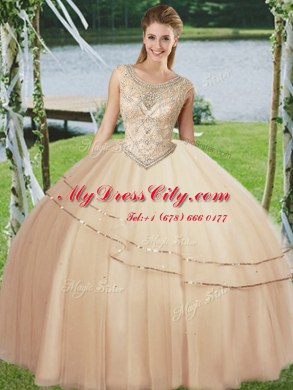 Sexy Scoop Floor Length Lace Up Sweet 16 Quinceanera Dress Champagne for Military Ball and Sweet 16 and Quinceanera with Beading