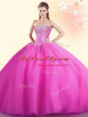 Glorious Hot Pink Tulle Lace Up Sweetheart Sleeveless Floor Length 15 Quinceanera Dress Beading