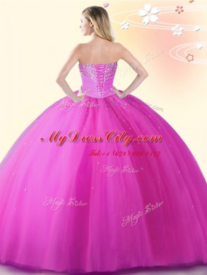 Glorious Hot Pink Tulle Lace Up Sweetheart Sleeveless Floor Length 15 Quinceanera Dress Beading