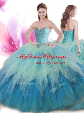 Multi-color Tulle Lace Up Sweet 16 Dresses Sleeveless Floor Length Beading and Ruffles