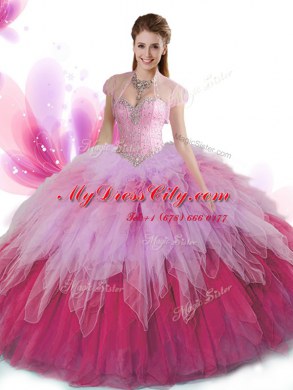 Multi-color Tulle Lace Up Sweet 16 Dresses Sleeveless Floor Length Beading and Ruffles