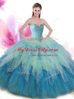 Multi-color Tulle Lace Up Sweet 16 Dresses Sleeveless Floor Length Beading and Ruffles
