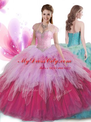 Multi-color Tulle Lace Up Sweet 16 Dresses Sleeveless Floor Length Beading and Ruffles