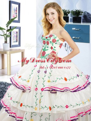 Organza and Taffeta Sweetheart Sleeveless Lace Up Embroidery and Ruffled Layers Ball Gown Prom Dress in White
