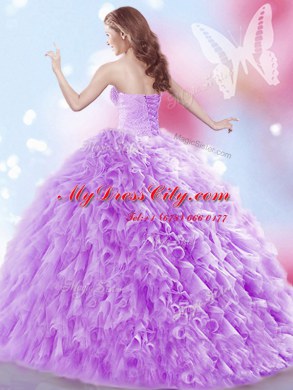 Lavender Sweetheart Lace Up Beading and Ruffles Sweet 16 Dress Brush Train Sleeveless