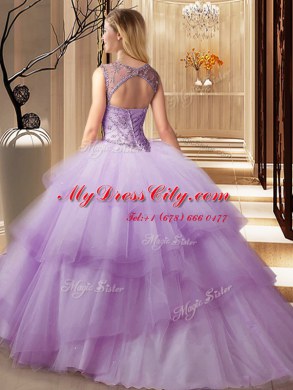 Deluxe Light Blue Ball Gowns Scoop Sleeveless Tulle Brush Train Lace Up Beading and Ruffled Layers Quinceanera Dresses