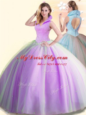New Style High-neck Sleeveless Tulle Quince Ball Gowns Beading Backless