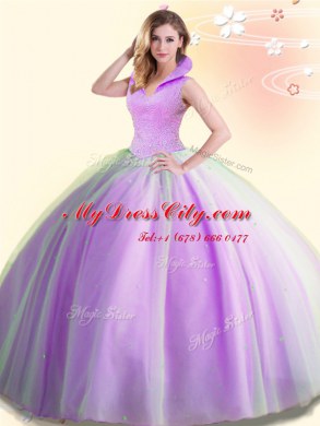 New Style High-neck Sleeveless Tulle Quince Ball Gowns Beading Backless