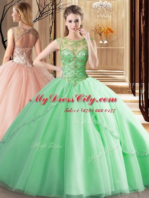 Exquisite Scoop Apple Green Lace Up Sweet 16 Dresses Beading Sleeveless Brush Train