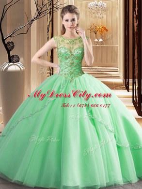 Exquisite Scoop Apple Green Lace Up Sweet 16 Dresses Beading Sleeveless Brush Train