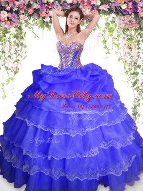 Most Popular Blue Ball Gowns Beading and Ruffled Layers and Pick Ups Quinceanera Gowns Lace Up Organza Sleeveless Floor Length