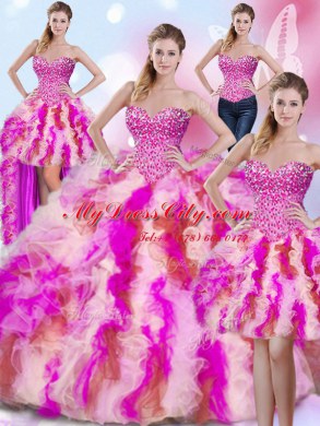 Decent Four Piece Multi-color Lace Up Quinceanera Gowns Beading and Ruffles Sleeveless Floor Length