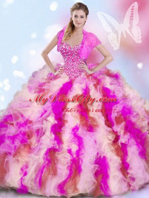 Decent Four Piece Multi-color Lace Up Quinceanera Gowns Beading and Ruffles Sleeveless Floor Length