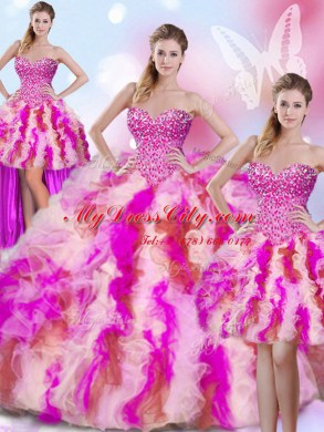 Decent Four Piece Multi-color Lace Up Quinceanera Gowns Beading and Ruffles Sleeveless Floor Length