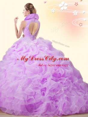 High-neck Sleeveless Organza Vestidos de Quinceanera Beading and Ruffles and Pick Ups Brush Train Backless