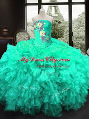 Beautiful Turquoise Lace Up Strapless Embroidery and Ruffles Vestidos de Quinceanera Organza Sleeveless