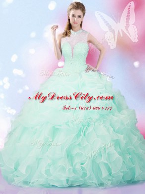 Designer Apple Green Sleeveless Beading and Ruffles and Pick Ups Floor Length Quince Ball Gowns