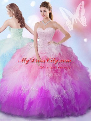Glittering Sleeveless Tulle Floor Length Lace Up Sweet 16 Quinceanera Dress in Multi-color with Beading and Ruffles