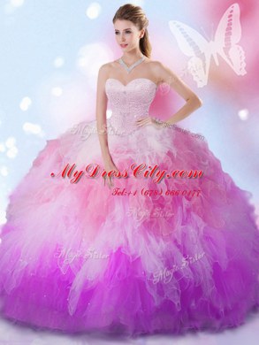 Glittering Sleeveless Tulle Floor Length Lace Up Sweet 16 Quinceanera Dress in Multi-color with Beading and Ruffles