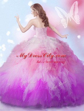 Glittering Sleeveless Tulle Floor Length Lace Up Sweet 16 Quinceanera Dress in Multi-color with Beading and Ruffles