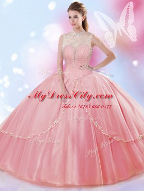 Watermelon Red Ball Gowns High-neck Sleeveless Tulle Floor Length Lace Up Beading Quince Ball Gowns