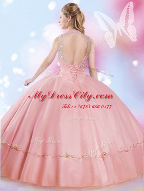 Watermelon Red Ball Gowns High-neck Sleeveless Tulle Floor Length Lace Up Beading Quince Ball Gowns