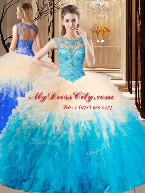 Multi-color Ball Gowns Tulle Scoop Sleeveless Beading Floor Length Lace Up Ball Gown Prom Dress