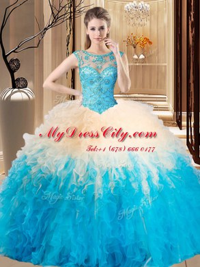 Multi-color Ball Gowns Tulle Scoop Sleeveless Beading Floor Length Lace Up Ball Gown Prom Dress