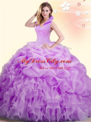 Latest Beading and Appliques and Pick Ups Quinceanera Dress Lilac Backless Sleeveless Floor Length