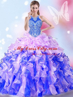 Free and Easy Halter Top Sleeveless Beading and Ruffles and Pick Ups Lace Up Quinceanera Dress