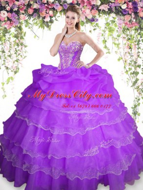 Admirable Purple Lace Up Sweetheart Beading and Ruffled Layers and Pick Ups Sweet 16 Quinceanera Dress Organza Sleeveless