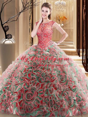 Multi-color Ball Gowns Fabric With Rolling Flowers Scoop Sleeveless Beading Lace Up Quinceanera Gowns Brush Train
