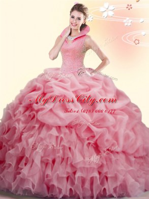 Dazzling Watermelon Red Ball Gowns Beading and Ruffles and Pick Ups 15 Quinceanera Dress Backless Organza Sleeveless