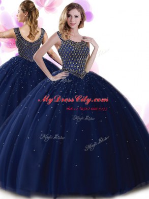 Excellent Scoop Navy Blue Sleeveless Floor Length Beading Zipper Sweet 16 Dress