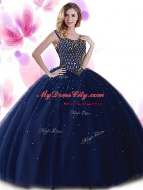 Excellent Scoop Navy Blue Sleeveless Floor Length Beading Zipper Sweet 16 Dress