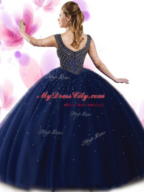 Excellent Scoop Navy Blue Sleeveless Floor Length Beading Zipper Sweet 16 Dress