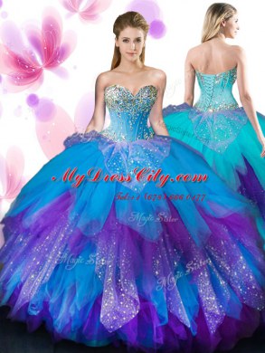 Sleeveless Tulle Floor Length Lace Up Sweet 16 Dress in Multi-color with Beading and Ruffles