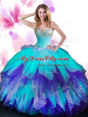 Sleeveless Tulle Floor Length Lace Up Sweet 16 Dress in Multi-color with Beading and Ruffles