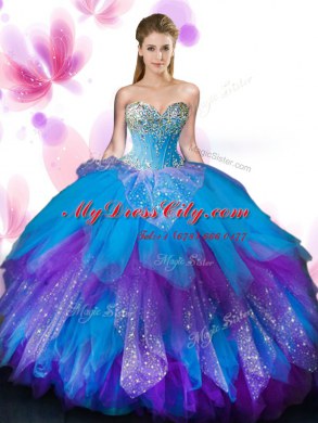Sleeveless Tulle Floor Length Lace Up Sweet 16 Dress in Multi-color with Beading and Ruffles
