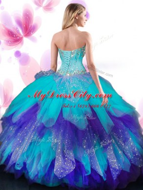 Sleeveless Tulle Floor Length Lace Up Sweet 16 Dress in Multi-color with Beading and Ruffles
