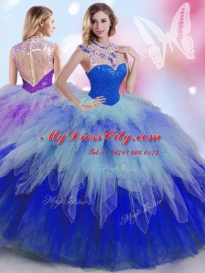 Tulle Sleeveless Floor Length Quinceanera Gown and Beading and Ruffles