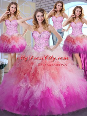 Four Piece Multi-color Tulle Lace Up Sweetheart Sleeveless Floor Length 15th Birthday Dress Beading and Ruffles