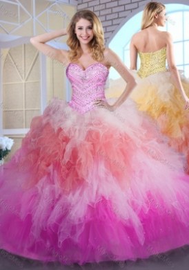 Four Piece Multi-color Tulle Lace Up Sweetheart Sleeveless Floor Length 15th Birthday Dress Beading and Ruffles